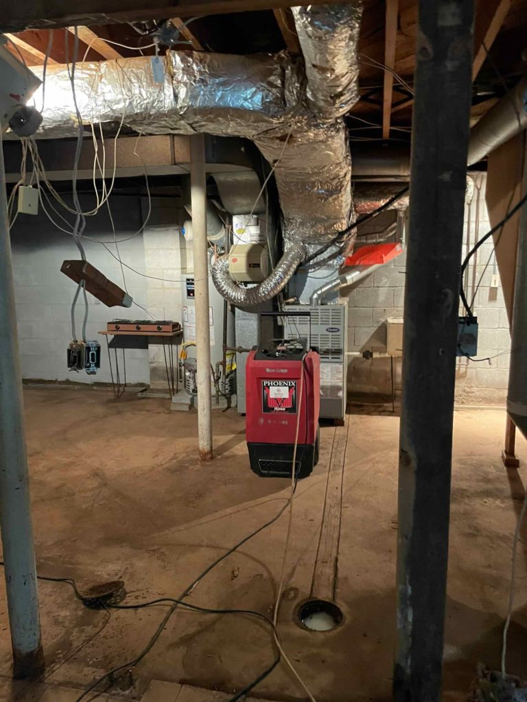 Water damage in basement cleaning machine