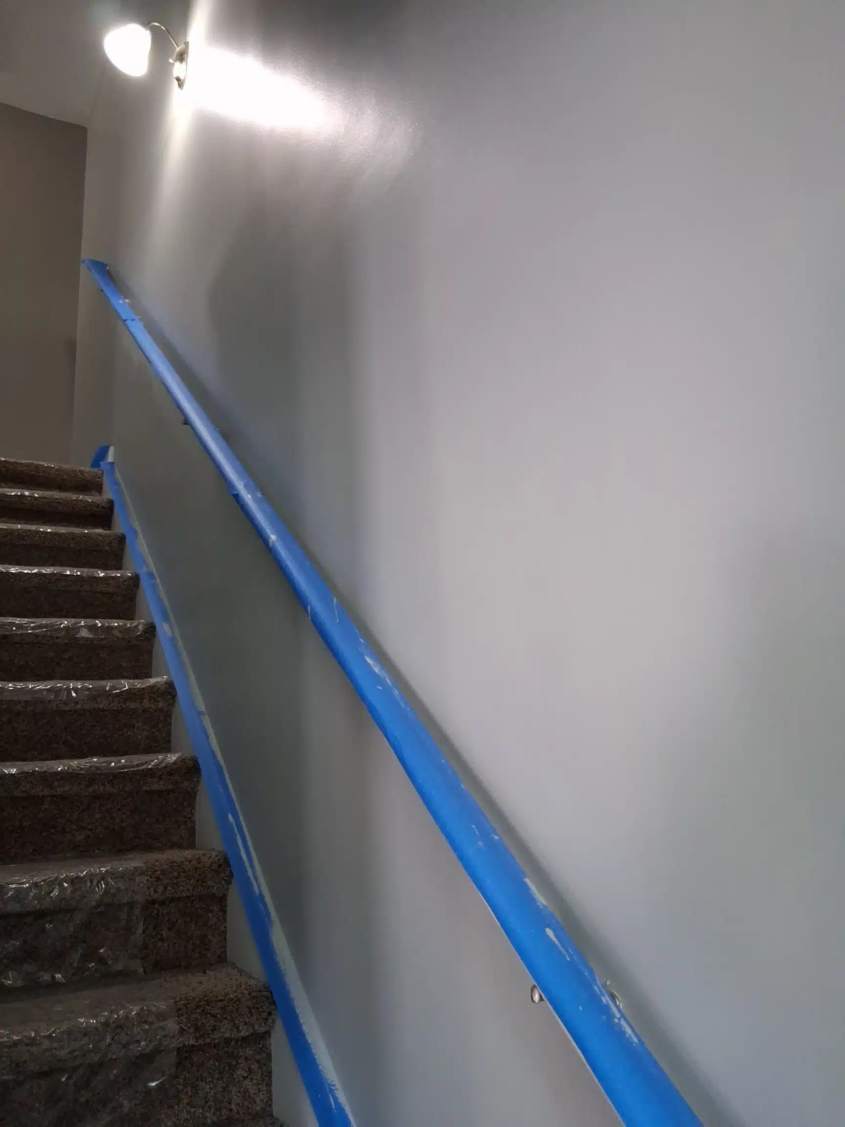 Stair treads and handrail protected during the remediation and rebuild
