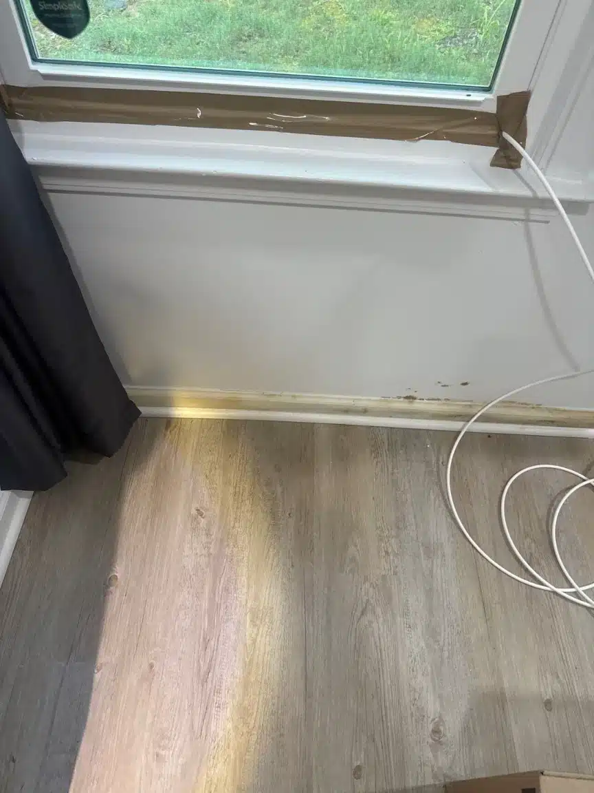 Affected flooring and wall base beneath the basement window