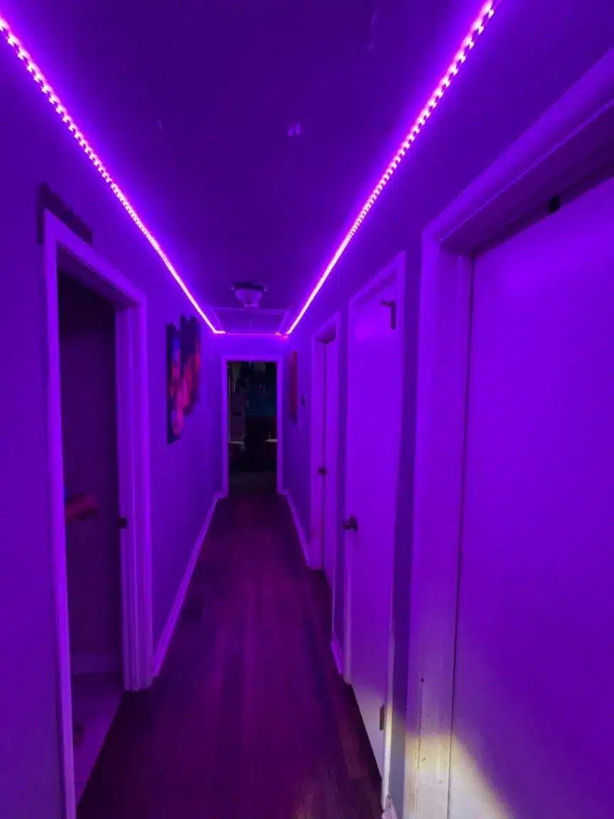 Rebuilt hallway ceiling with the LED cove lighting reinstalled along both edges