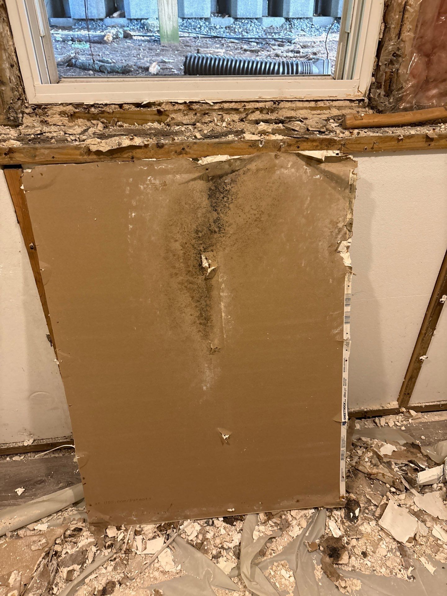 Moisture-damaged drywall peeling away from the wall on an Atlanta mold remediation job